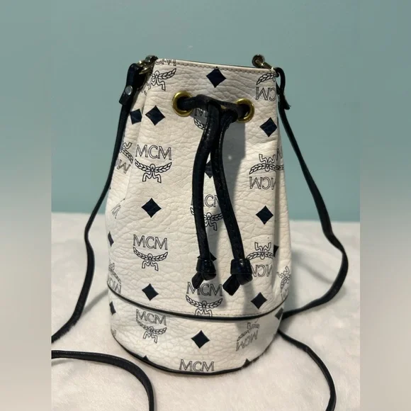 MCM white and blue mini bucket. Authentic and pre-owned
